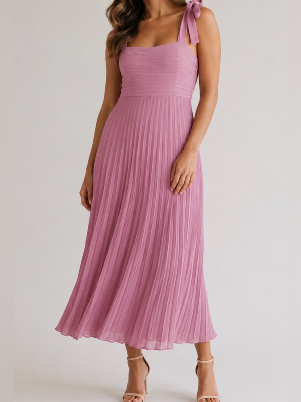 Mable Mauve Smocked Tie Shoulder Stretch Knit Pleated Midi Dress